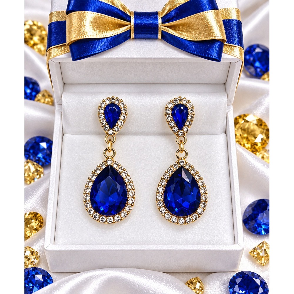 Royal Blue Crystal Teardrop Dangle Earrings Gold Tone Halo Wedding Formal